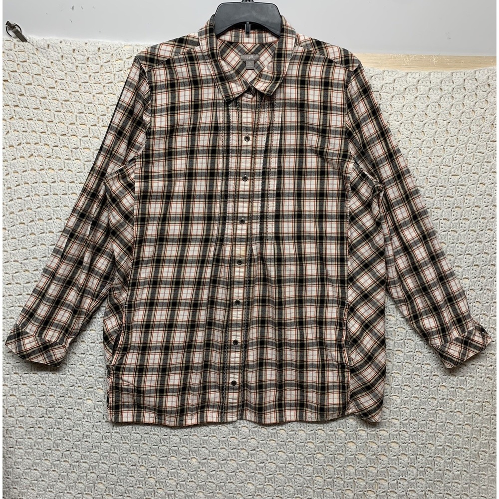 J. Jill Blouse Top Women XL Plaid Long Sleeve Button Up Collar Beige White Black
